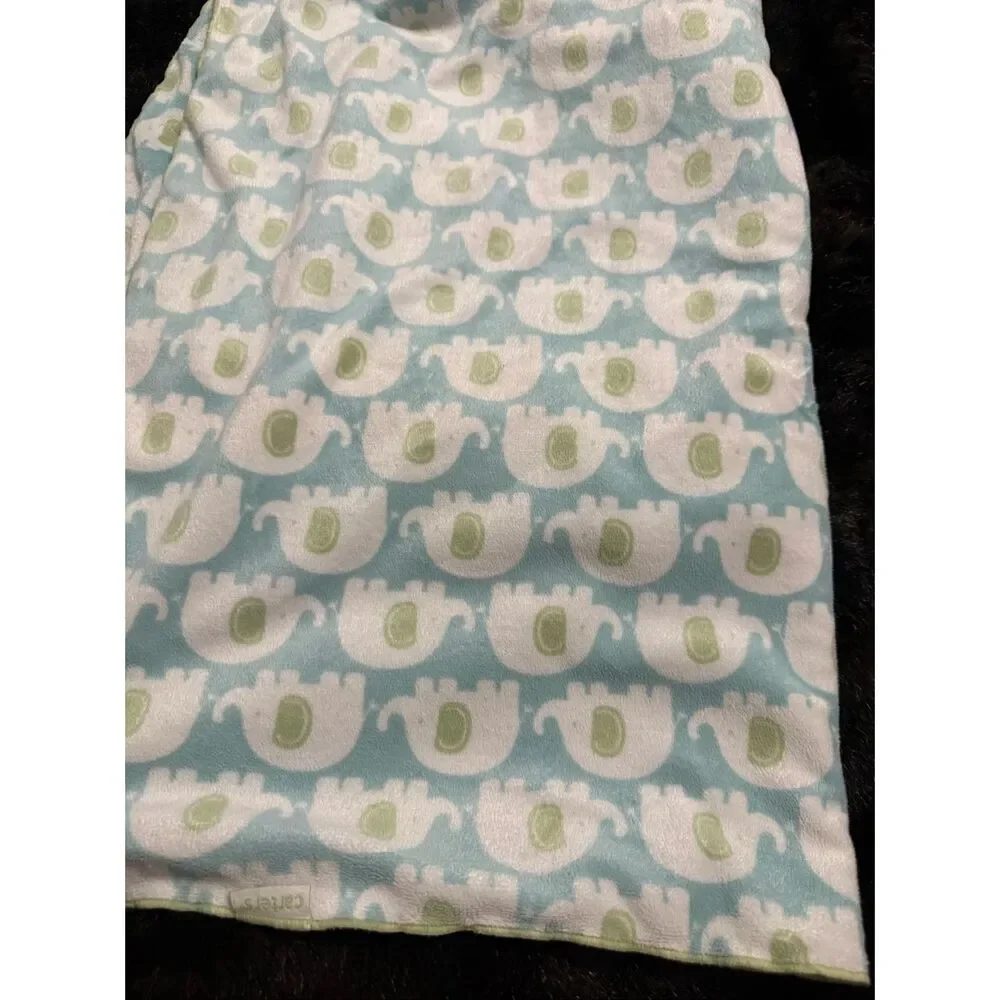 Carters Baby Boys Green Aqua Blue White Elephant Blanket Sherpa Backed 30x40